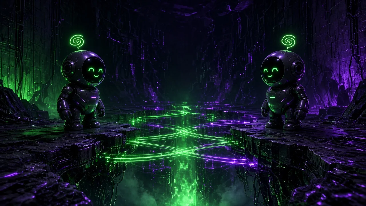 Two identical friendly robots facing each other across a chasm of light