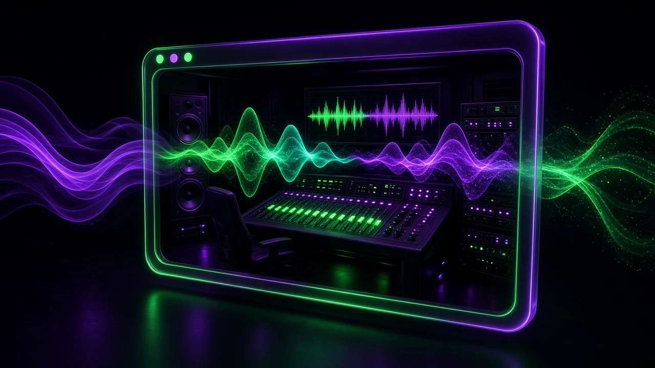 A glowing web browser window floating open like a portal in a dark studio