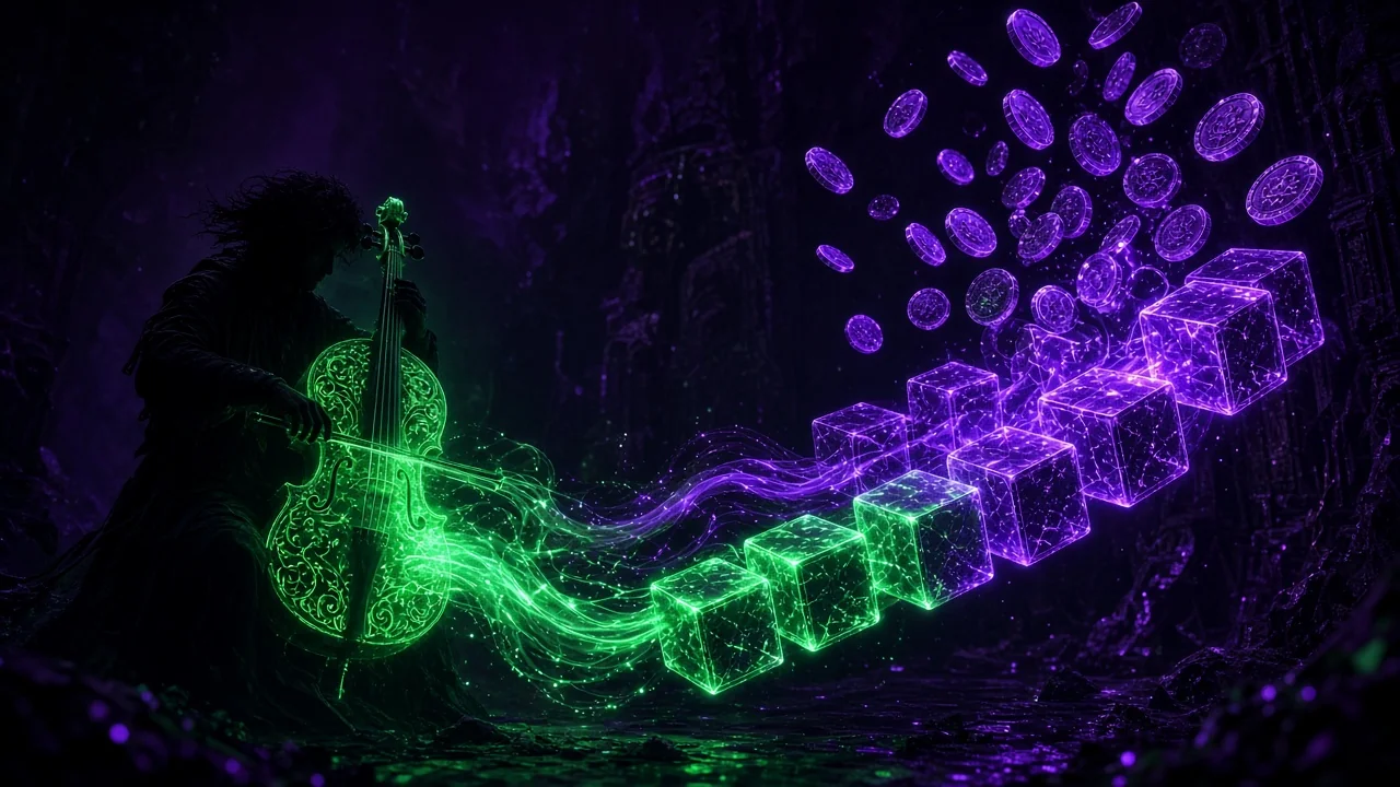 A silhouetted musician playing a glowing instrument