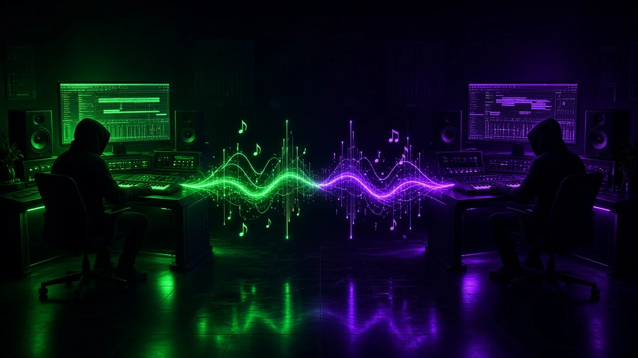 Two glowing workstations facing each other in a dark studio