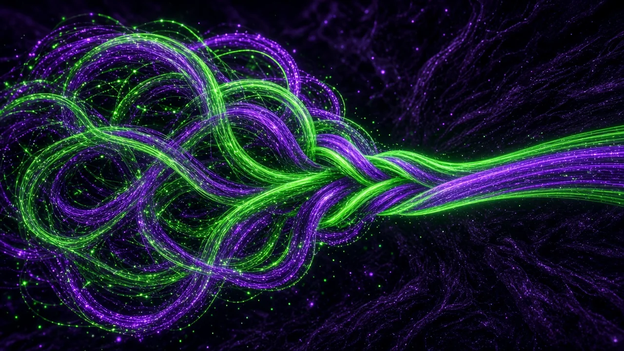 A tangled knot of many glowing threads suddenly braiding into one smooth convergent stream