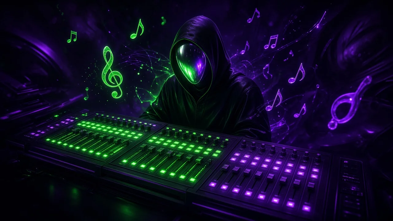 A figure at a glowing mixing desk whose face is hidden behind a smooth mirrored mask of light