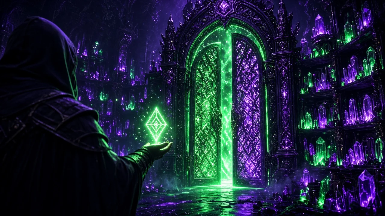 A glowing gated gateway of light guarding a library of music crystals
