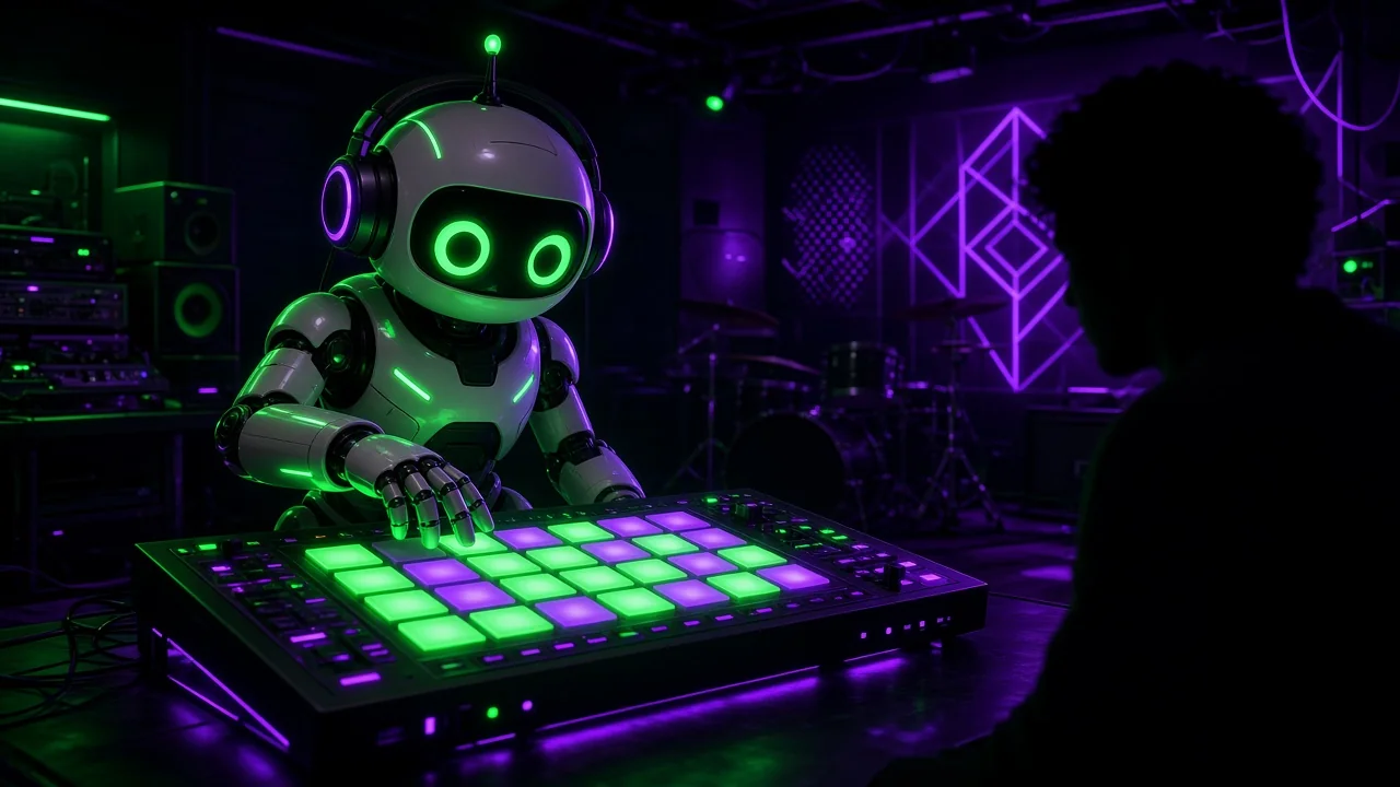 A friendly glowing robot wearing headphones sitting at a glowing drum machine in a neon