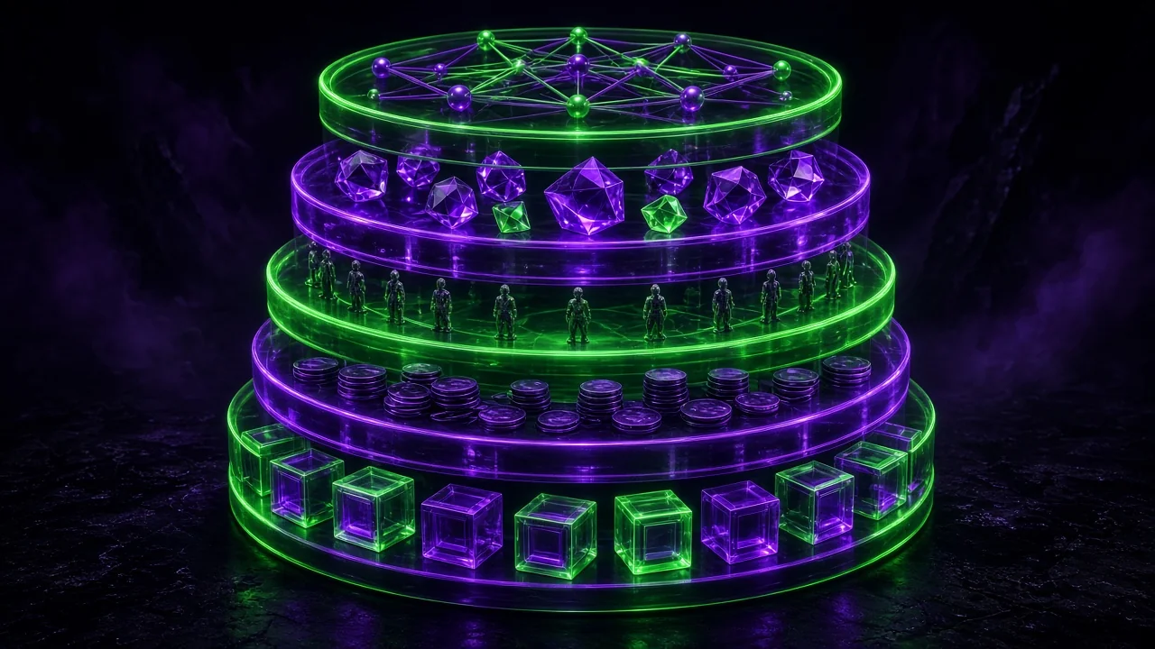 A tall stack of five translucent glowing layers like a layered monument of light