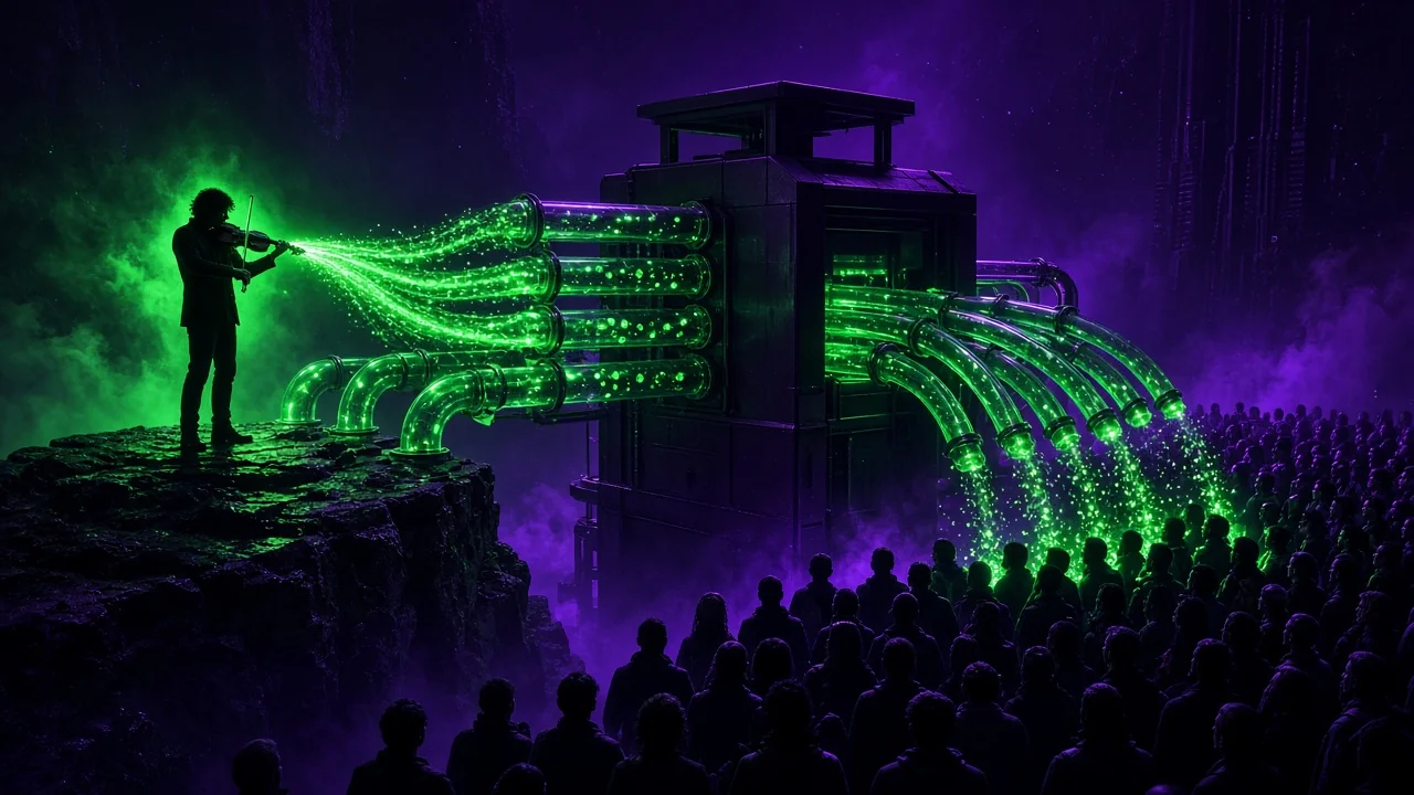 A musician silhouette playing while coins of light flow through pipes directly to a crowd