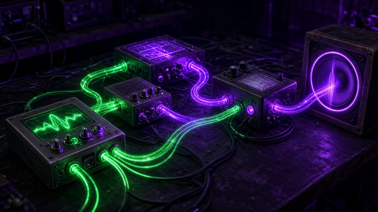 An intricate glowing signal chain on a workbench: glowing oscillator modules