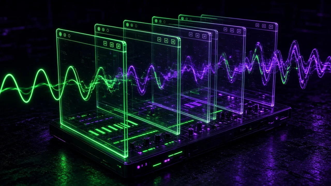 A glowing synthesizer built from panes of browser window glass