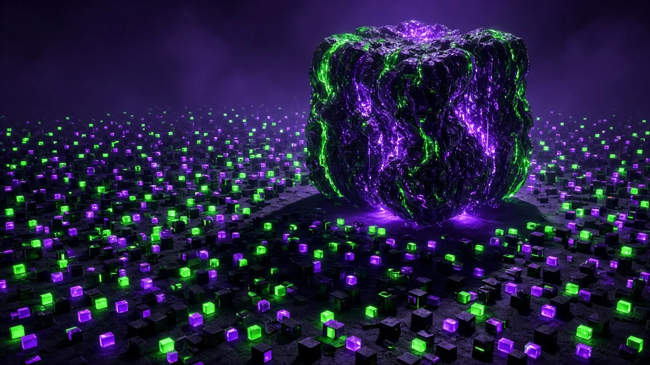 A field of small glowing memory blocks where one bloated giant block towers over all the others
