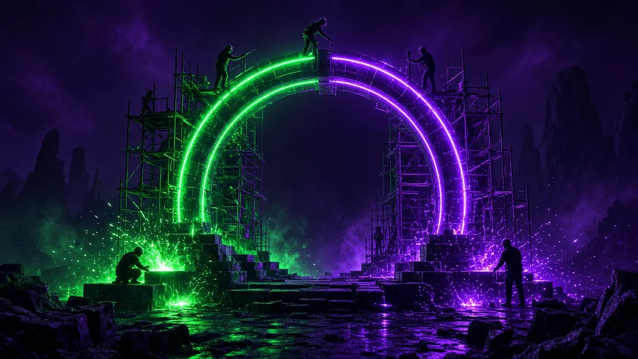 A group of silhouetted builders assembling a giant glowing archway over a dark landscape