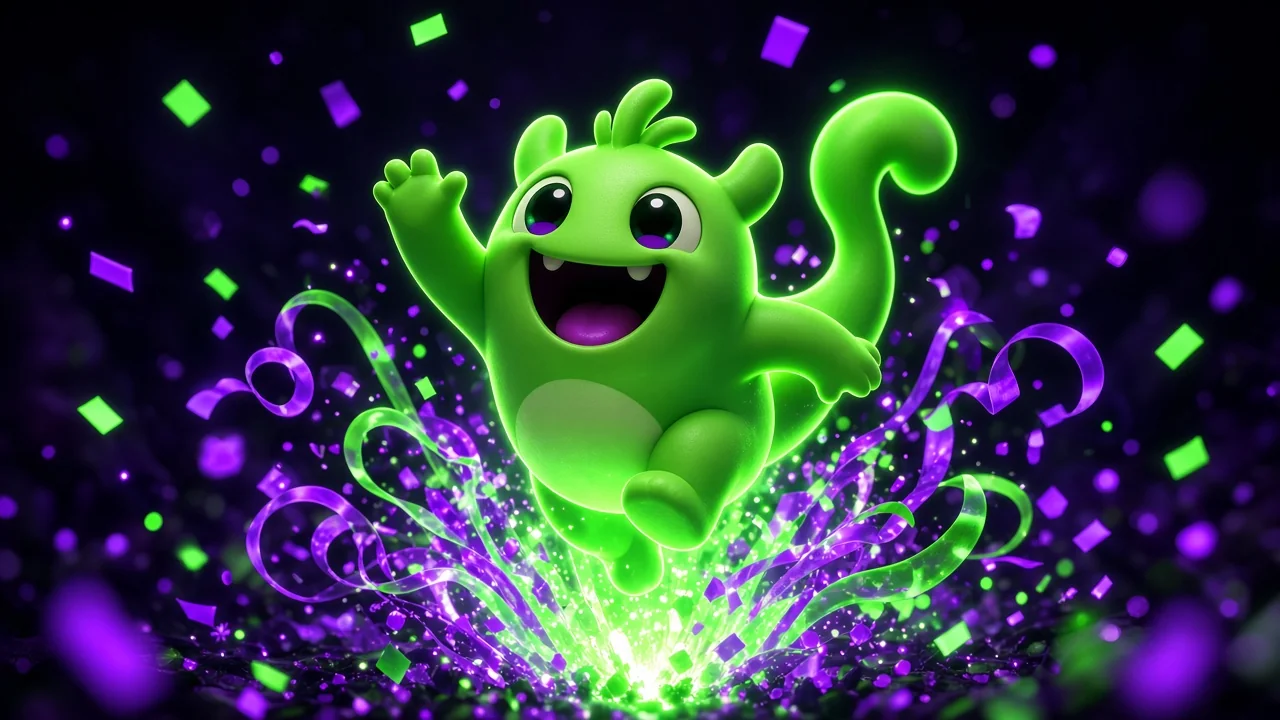 A playful glowing creature silhouette leaping out of a burst of confetti and light
