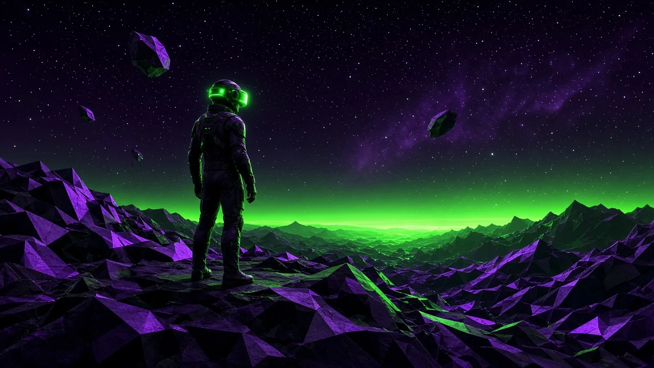 A figure wearing a glowing VR headset standing on a dark low-poly planet surface under a