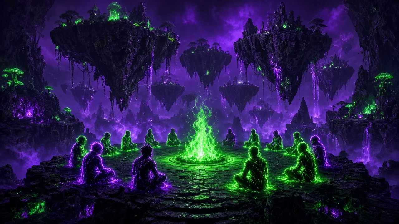 A circle of glowing avatar silhouettes around a campfire of light in a vast surreal world