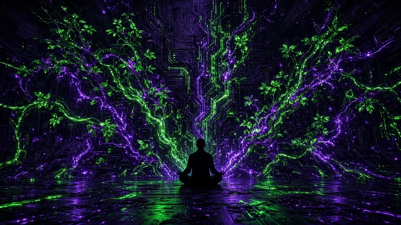 A lone figure meditating cross-legged before an enormous glowing wall of circuits