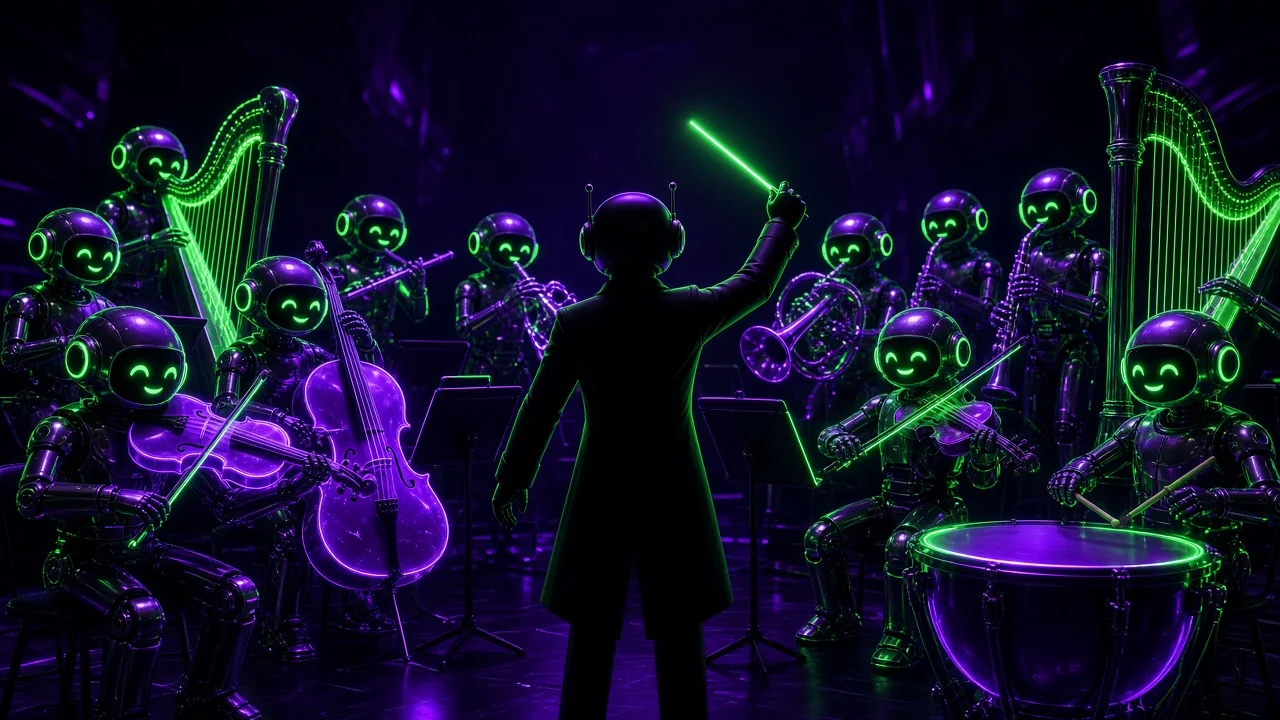 An orchestra of friendly glowing robots each playing a different instrument