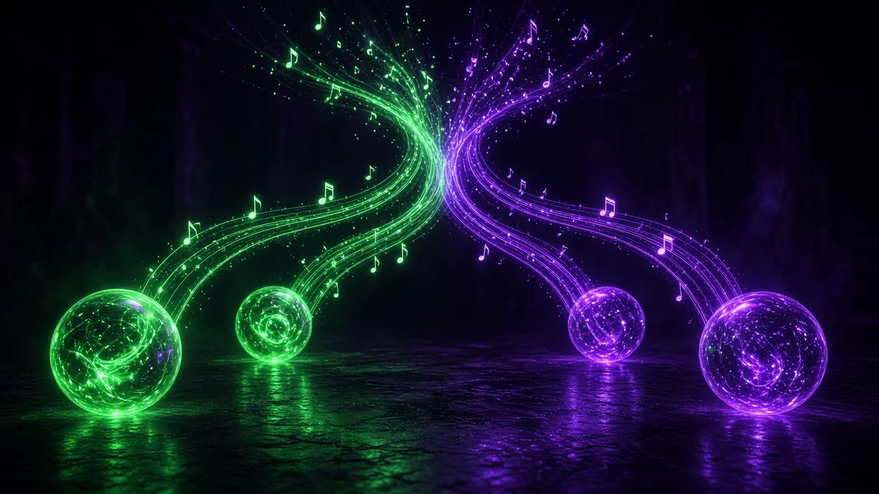 Four different glowing orbs streaming musical notes of light that braid together into one