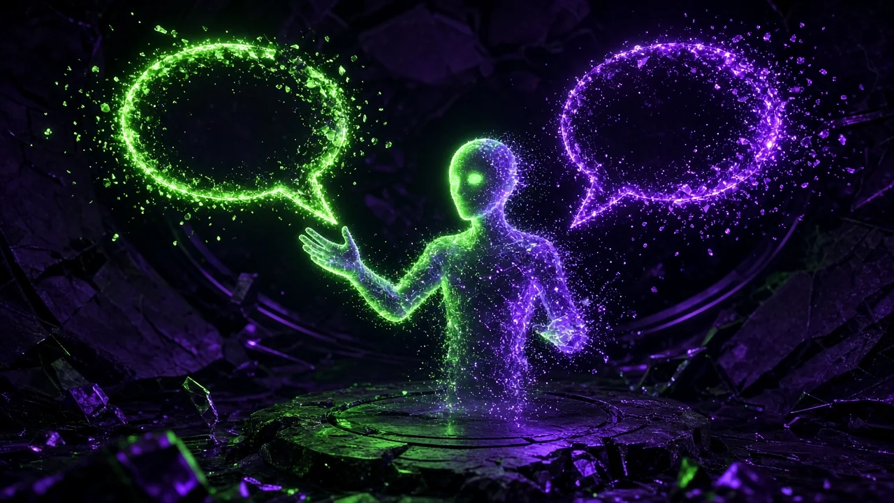 A glowing assistant avatar flickering and turning translucent mid-gesture