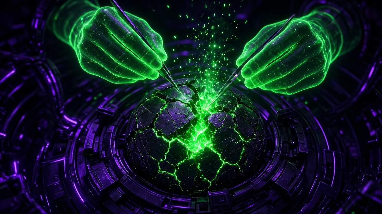 Hands made of light carefully repairing a cracked glowing core with small tools