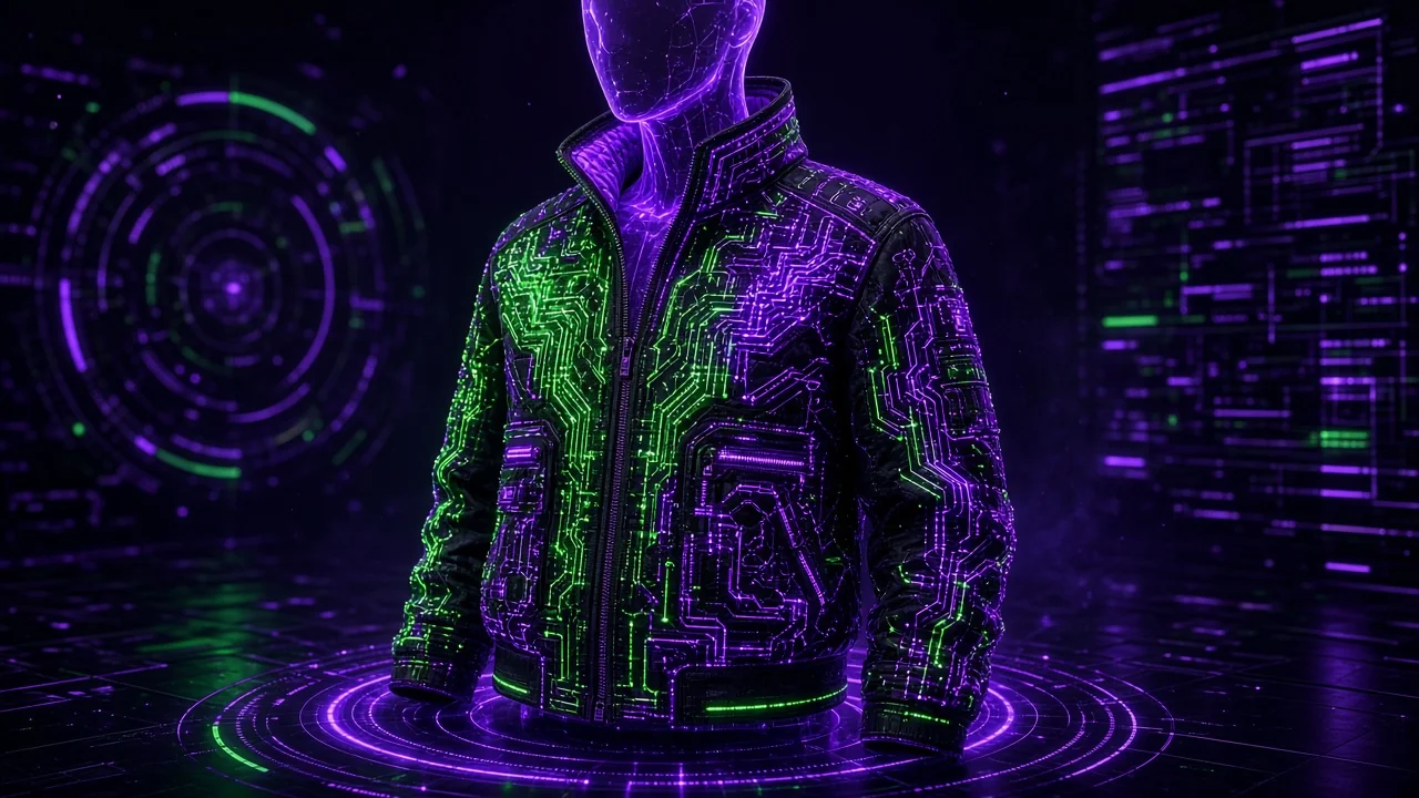 A glowing wearable jacket on a holographic mannequin