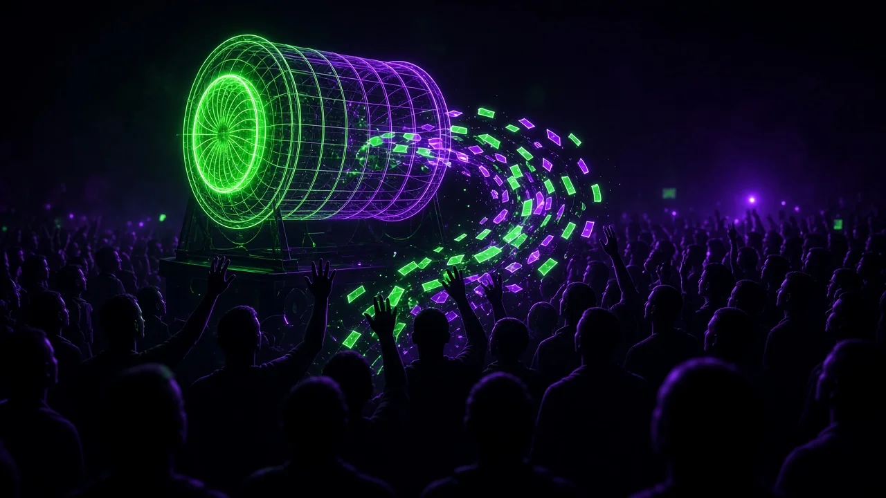 A raffle drum made of light with tickets spiraling out to a crowd of silhouetted avatars