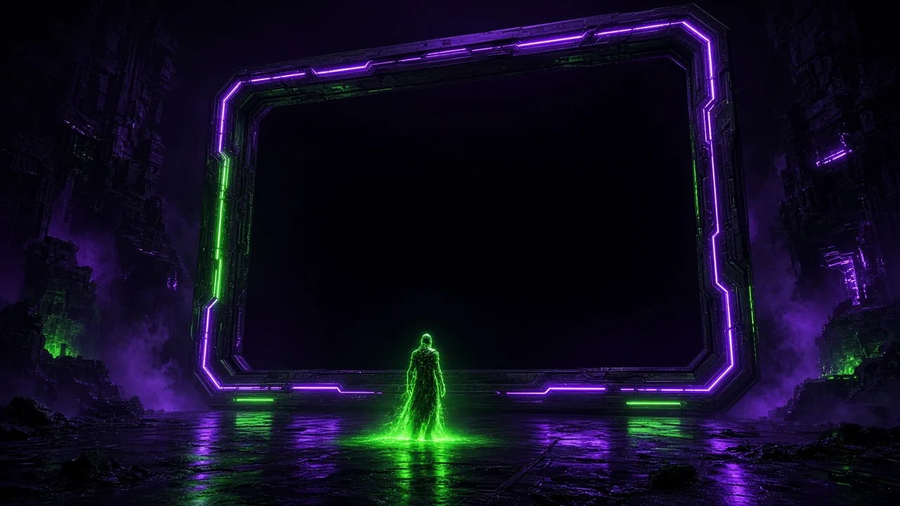 A small glowing humanoid figure standing before an empty black void where a giant glowing