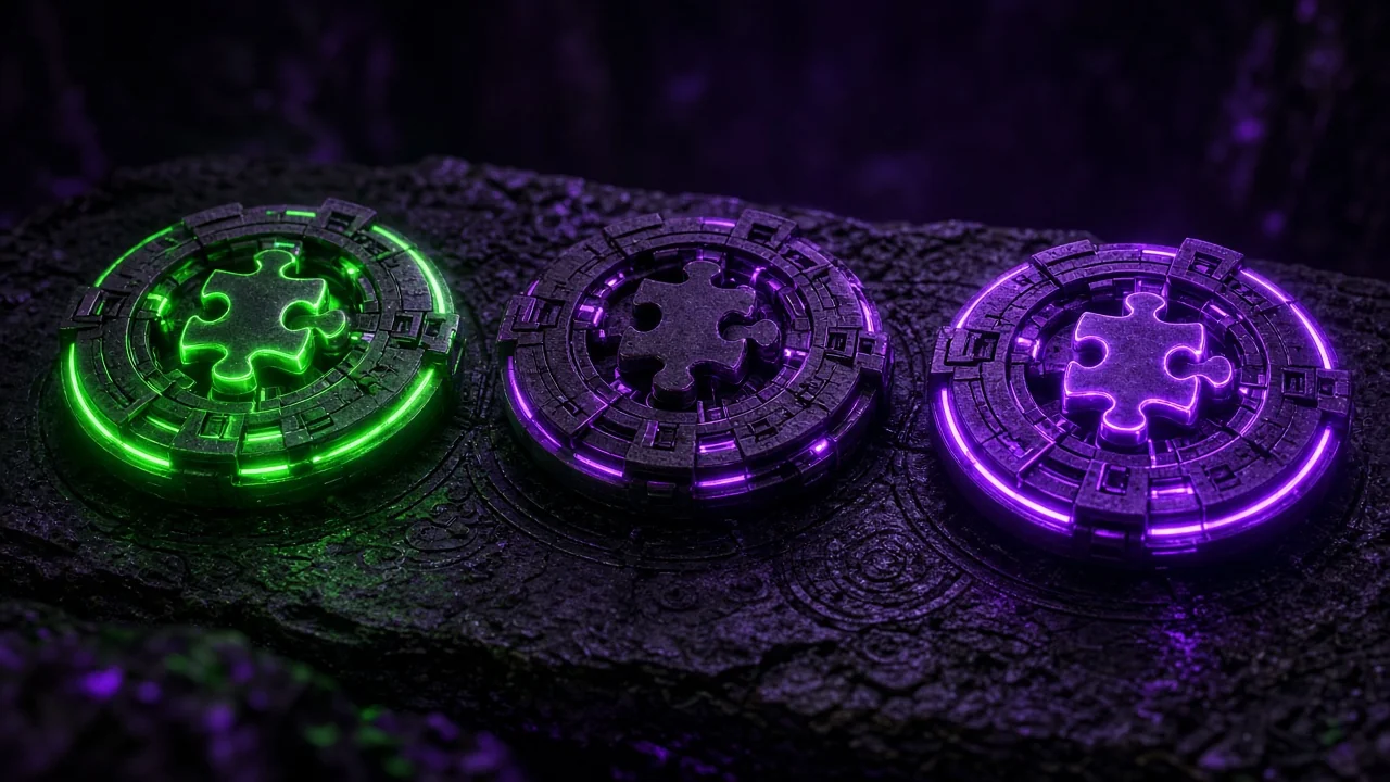 Three glowing puzzle locks in a row being opened in sequence
