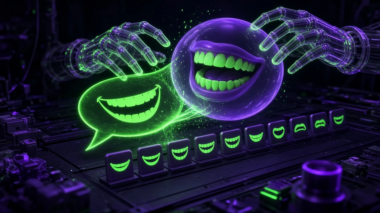 A flat cartoon mouth lifting off a glowing page and rising into a sculpted 3D face mesh above it