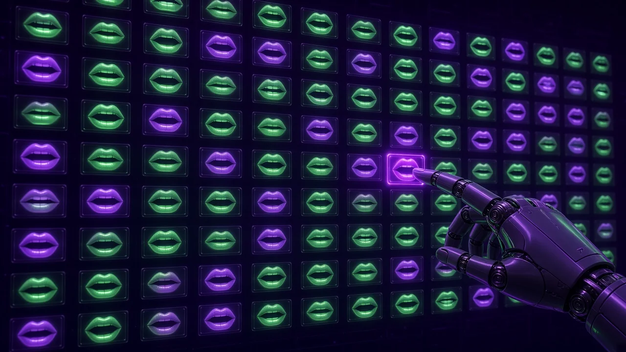 A neat holographic grid of dozens of small glowing mouth expressions floating like tiles
