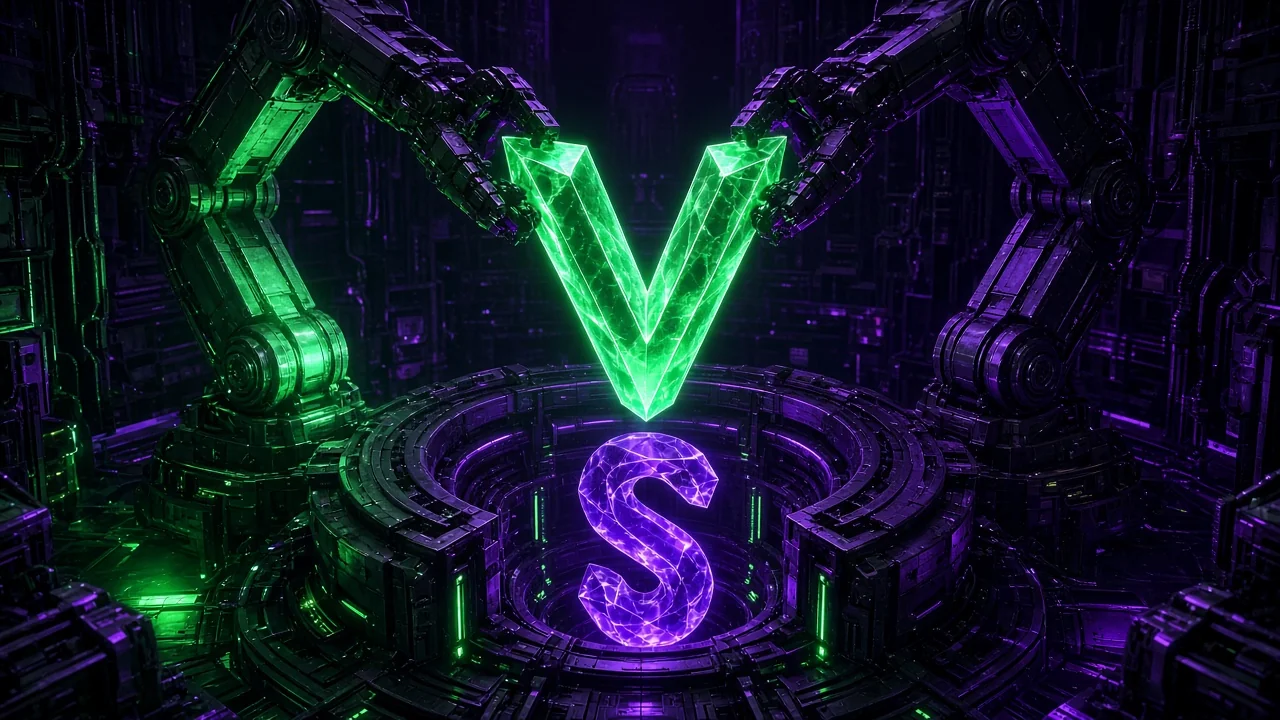 A giant luminous letter V being lifted out of a machine by robotic arms while a glowing