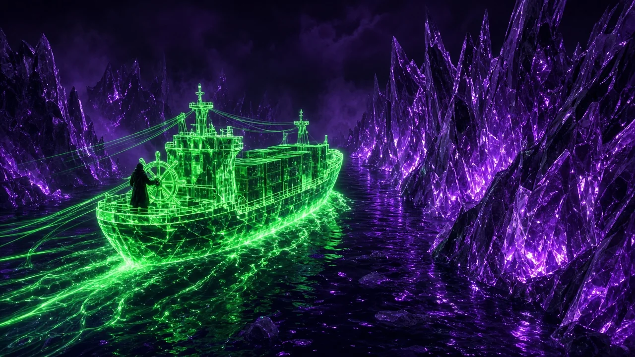A cargo ship made of light sailing through jagged crystalline icebergs at night