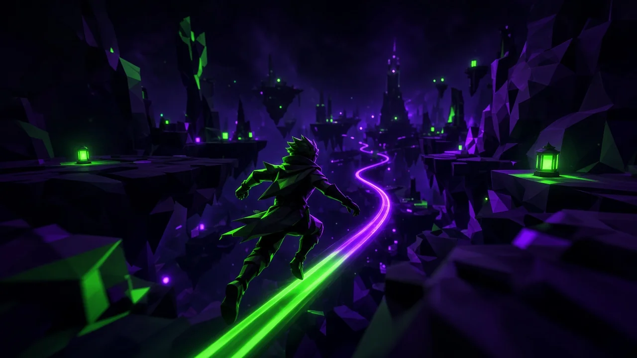 A stylized character leaping through a vibrant low-poly world seen from behind