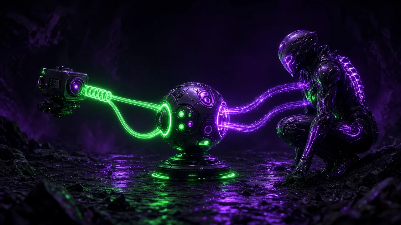 A controller of light connected to a camera and a character by glowing spring-tethers