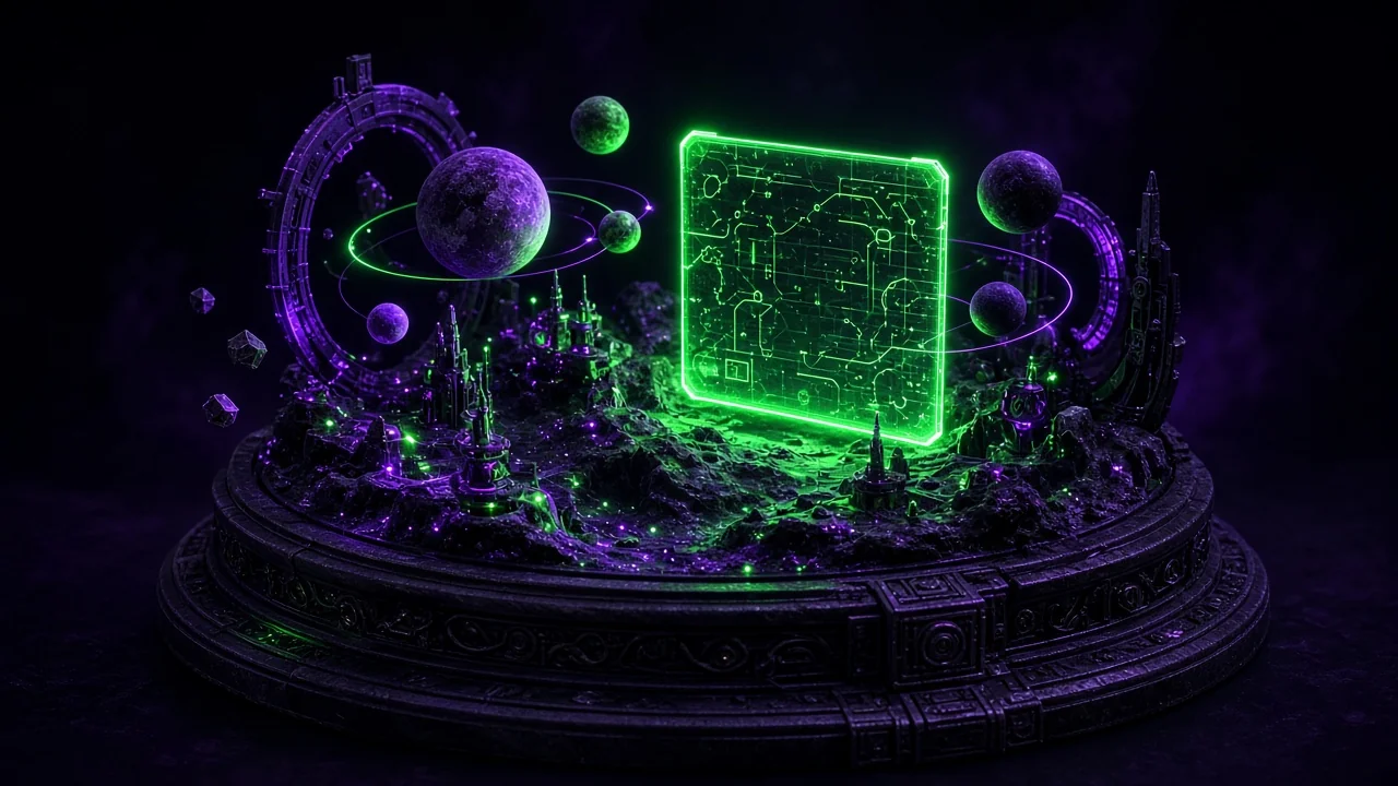 A tiny glowing 3D diorama on a pedestal: miniature planets