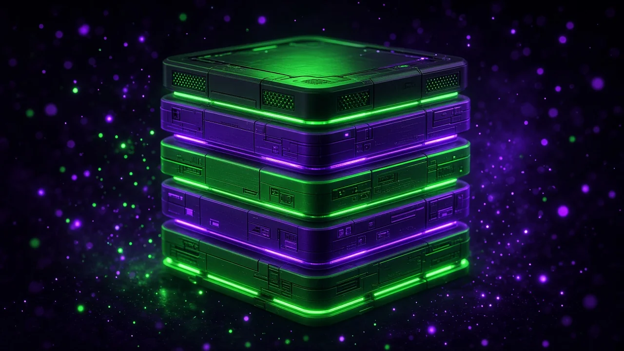 A neat stack of glowing component blocks like a layer cake of light