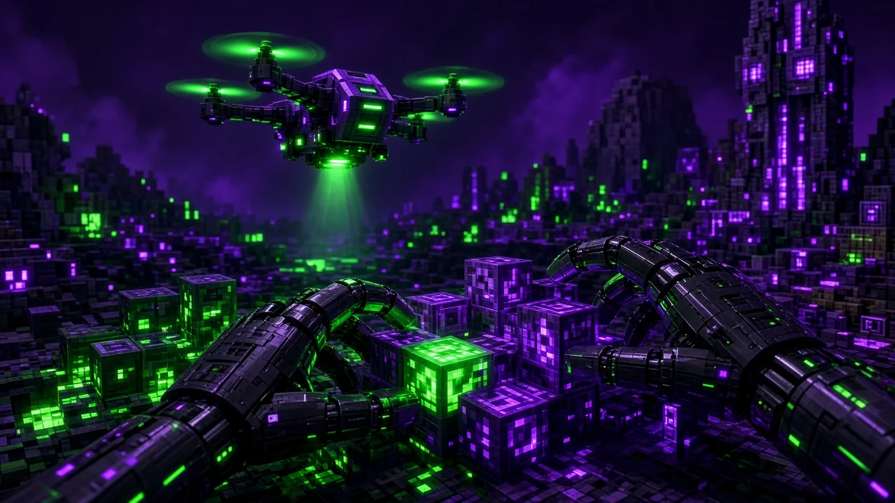 A small drone of light flying over a glowing voxel world while robotic hands below place