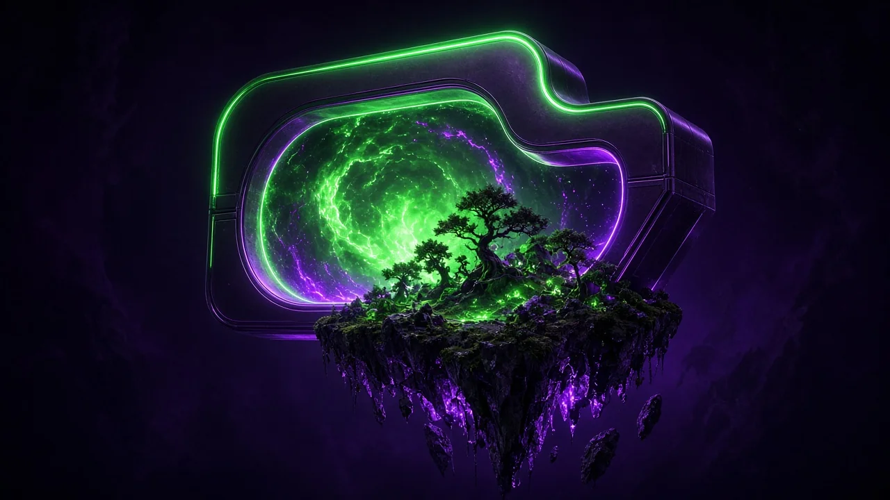 A glowing portal shaped like a browser tab opening onto a small floating 3D island