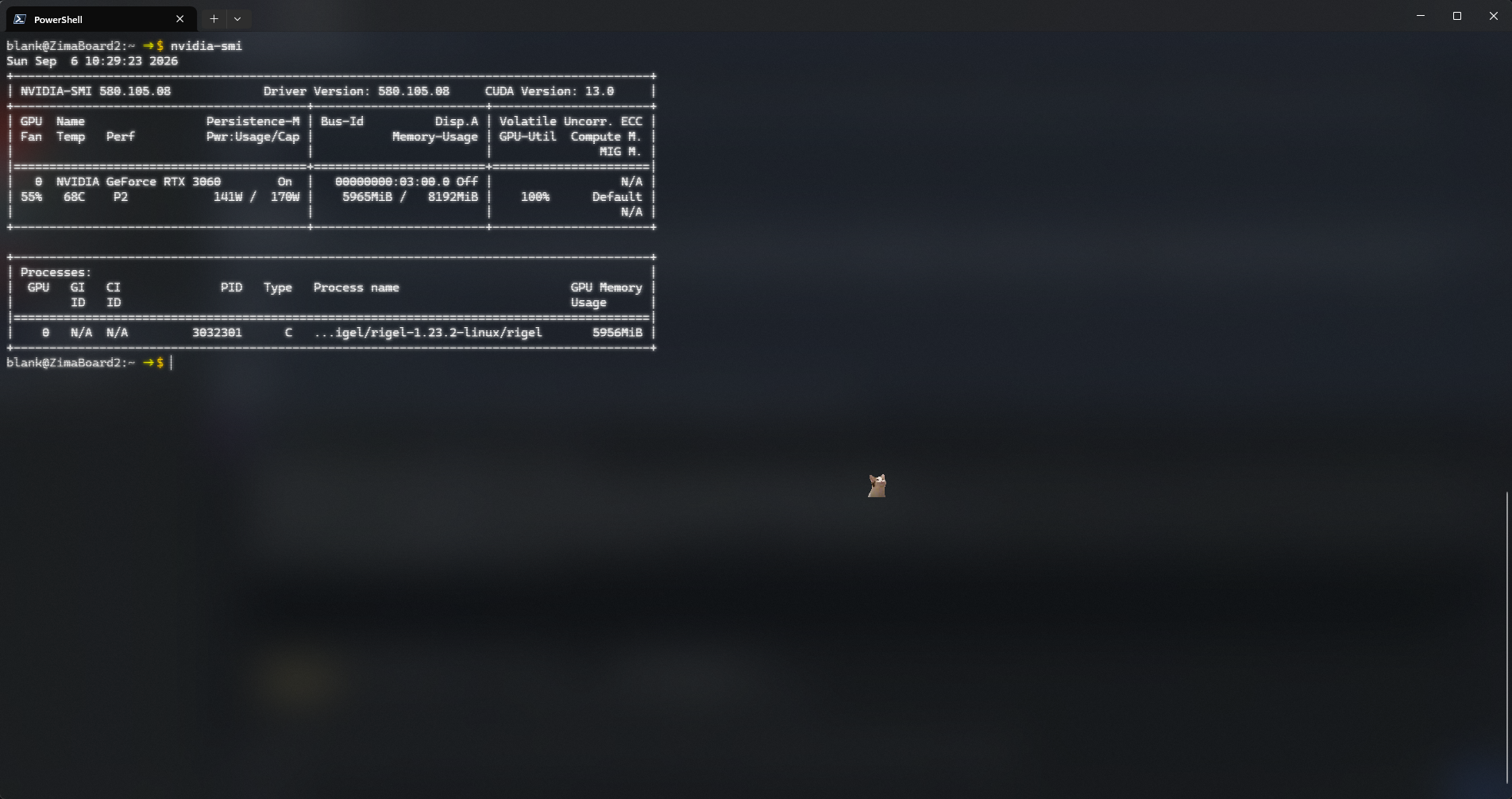 nvidia-smi showing the RTX 3060 at 100% GPU, 68°C, 141W