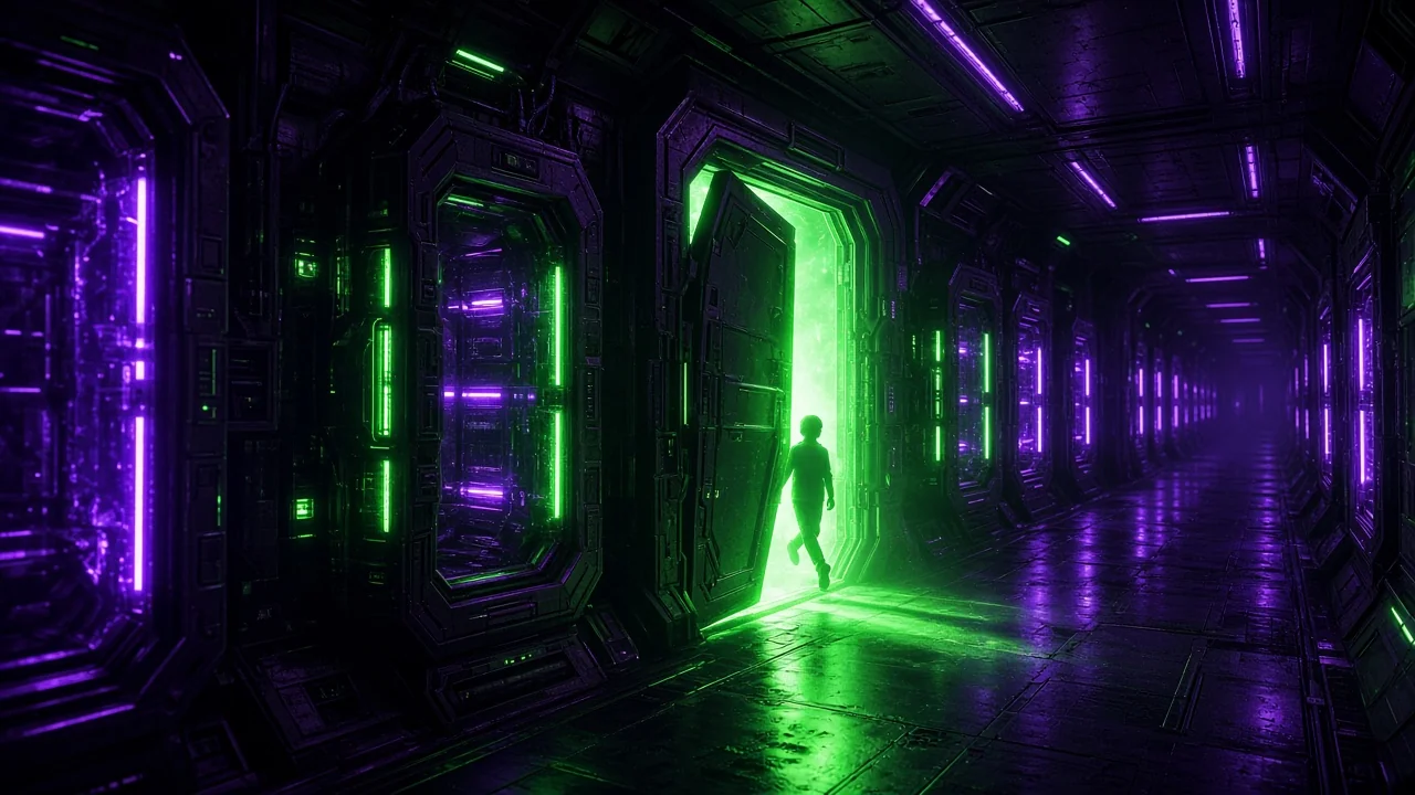 A door of light standing ajar in the wall of an endless corridor of glowing containment cells