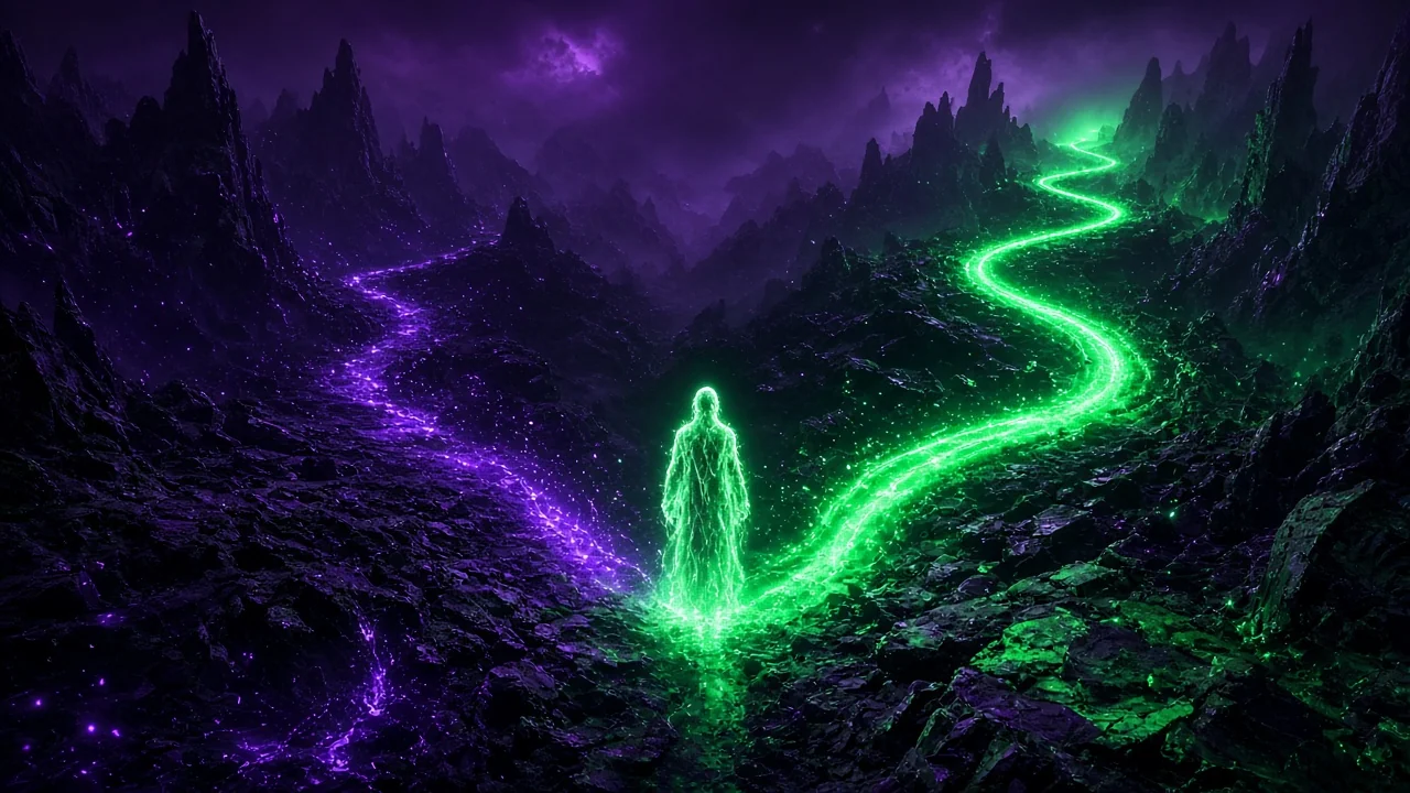 Two paths of light diverging from one glowing figure