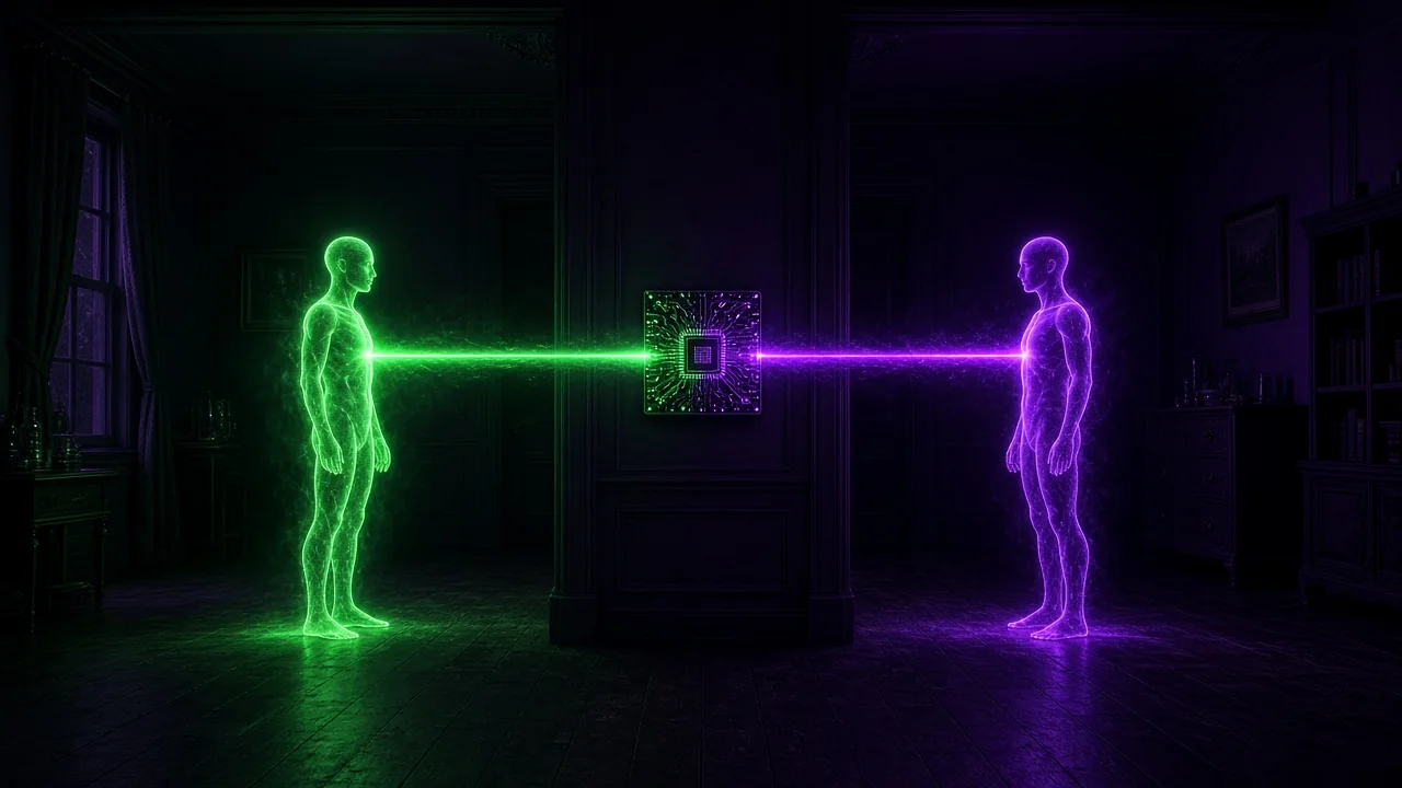 Two identical glowing humanoid figures in two different rooms of a dark house