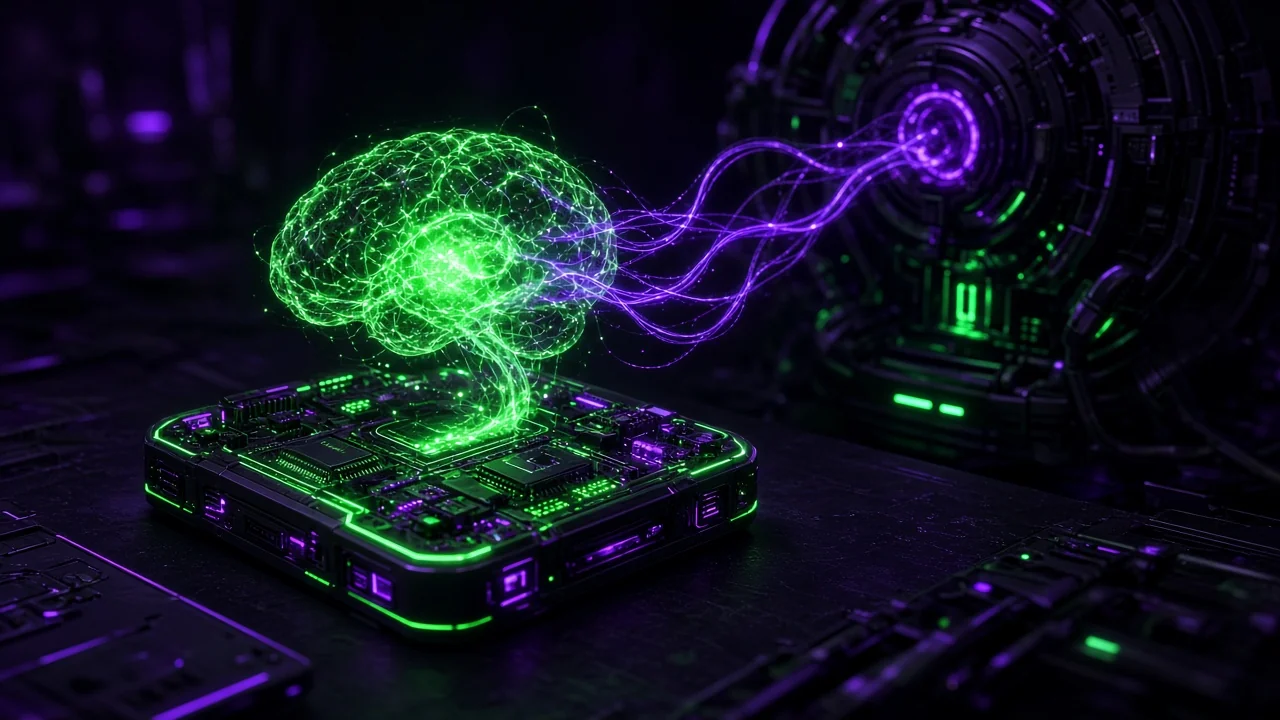 A hand-sized glowing computer board on a desk with a small brain of light hovering above it