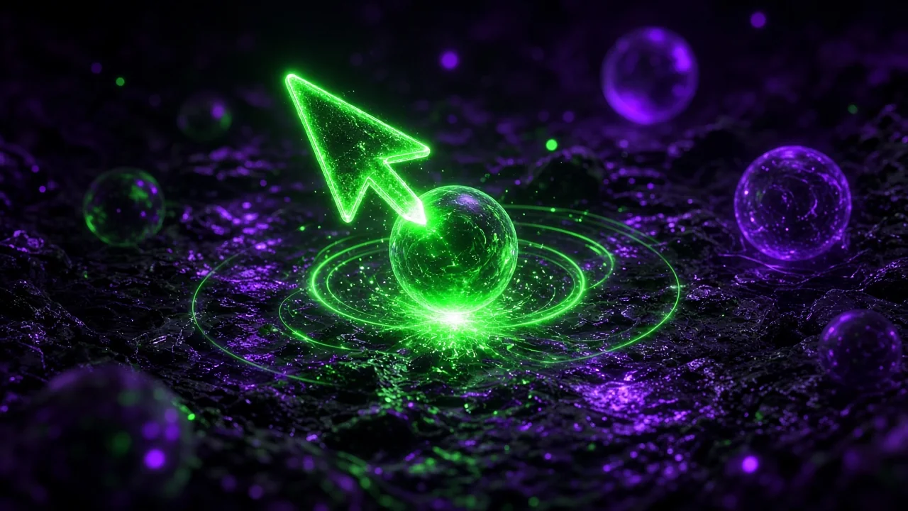 A glowing cursor arrow hovering over a floating orb of light in a dark 3D space