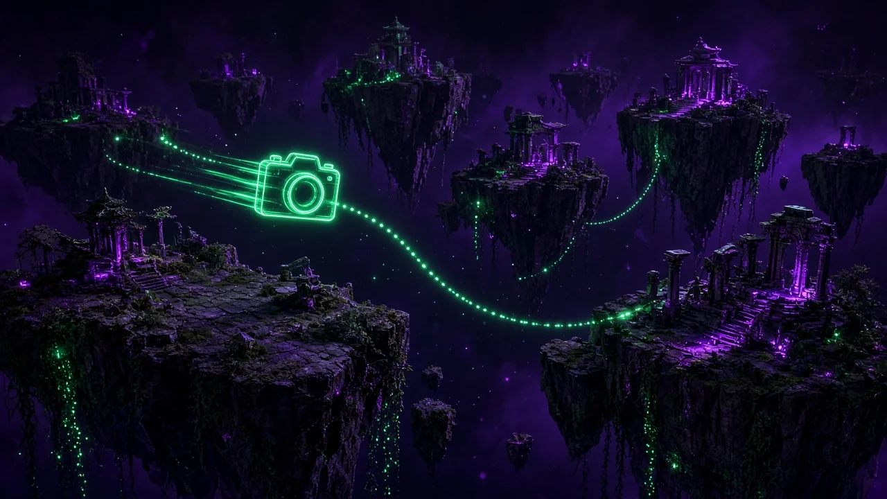 A camera made of light flying along a curved dotted path between floating islands of a 3D scene