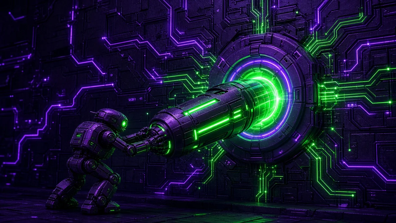 A small robot pushing an enormous glowing plug into a socket of light