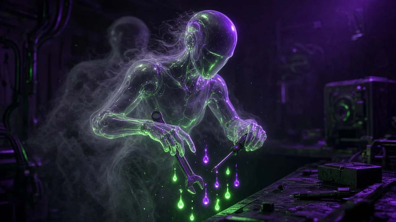 An assistant avatar fading to translucent grey mid-task while tools slip from its hands