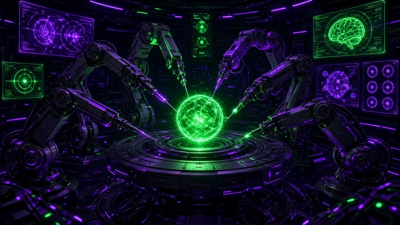 A diagnosis lab: a glowing core on an operating table surrounded by robotic arms holding