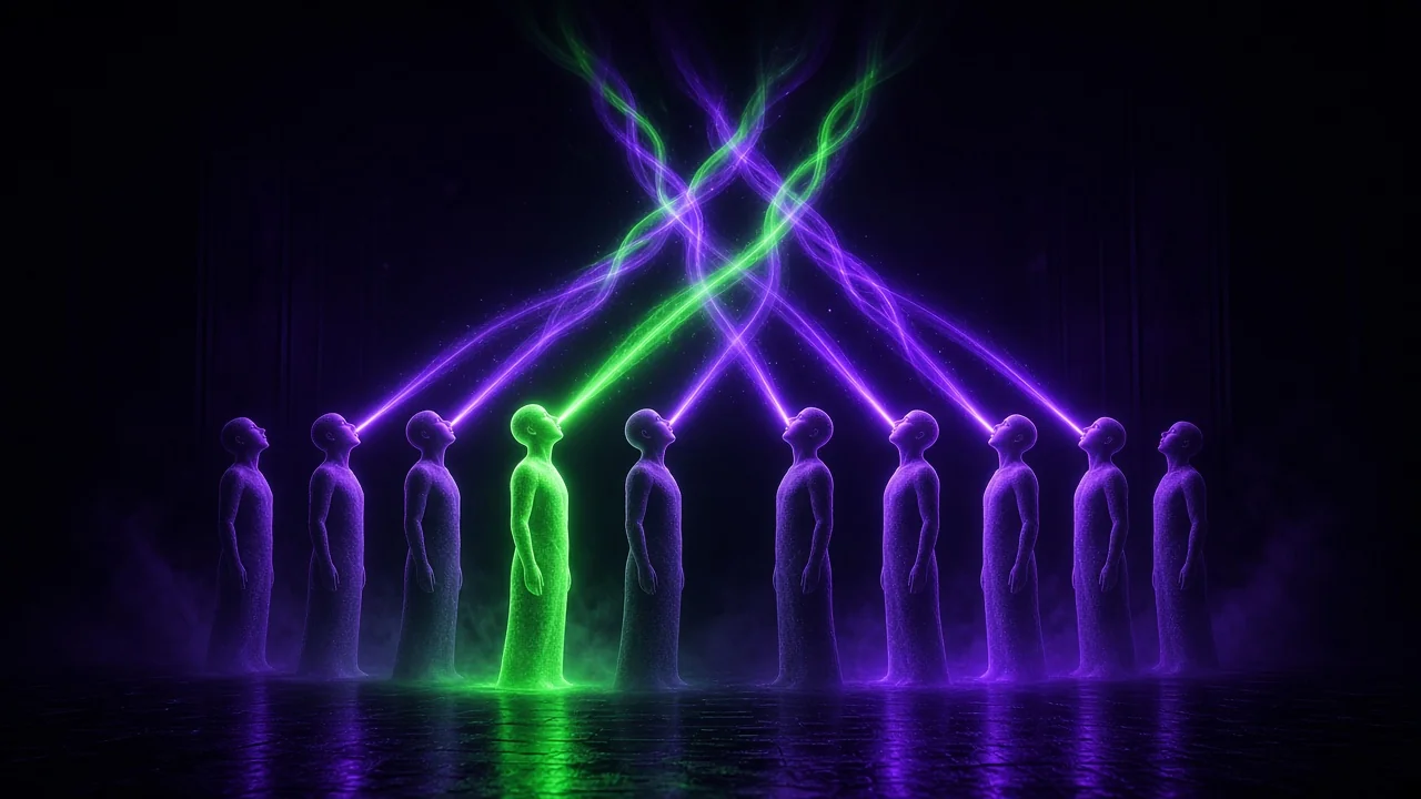 One lit figure among a row of glowing silhouettes on a dark stage