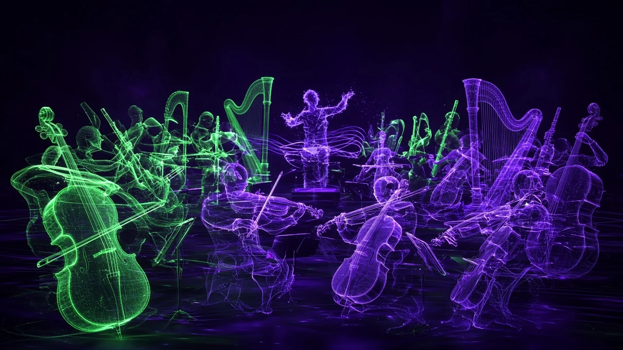An orchestra of instruments playing themselves