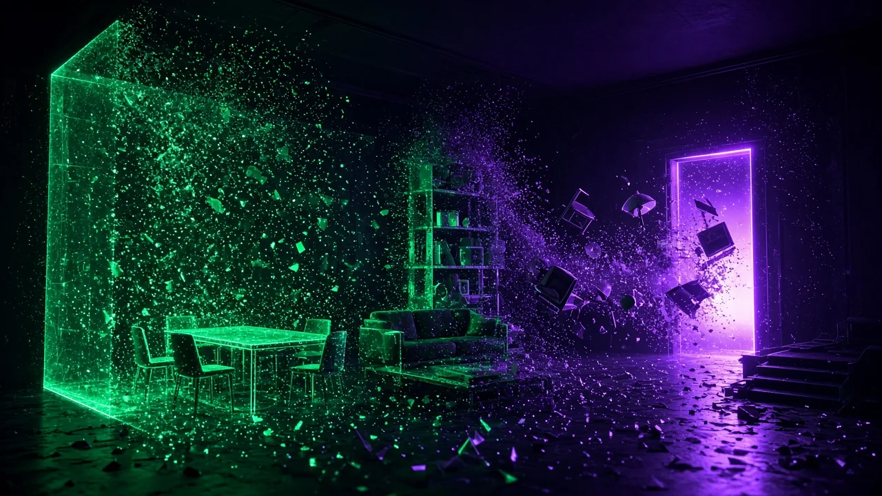 A house made of light being dismantled