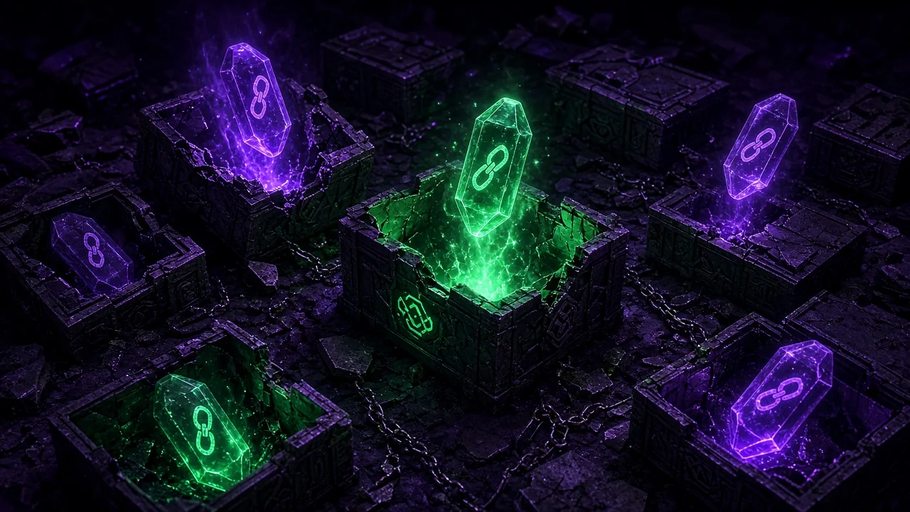 Glowing relics marked with chain-link icons being lifted gently out of ruined boxes of light